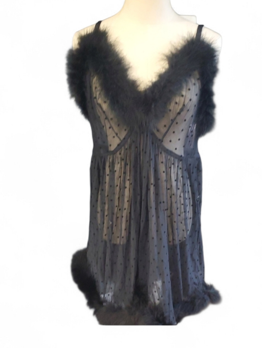 Nwt Savage X Fenty Black Sheer Polka Dot Marabou-Trim Chemise